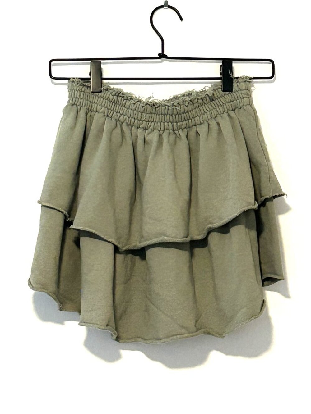 Aerie olive green tiered skirt with raw edges, size small